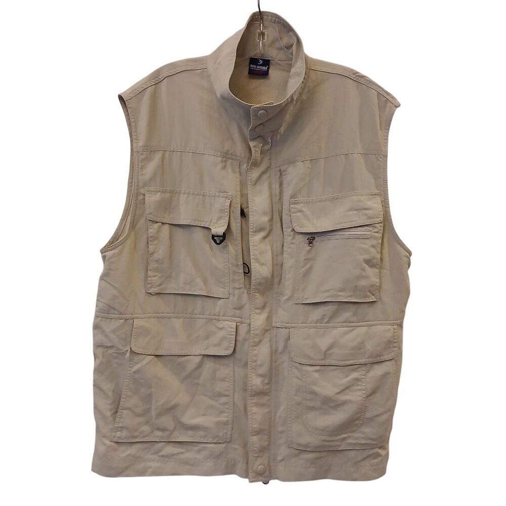 Reel Legends Mens XL Beige Nylon Fishing Vest Multiple Pockets Zip Snap #D-35